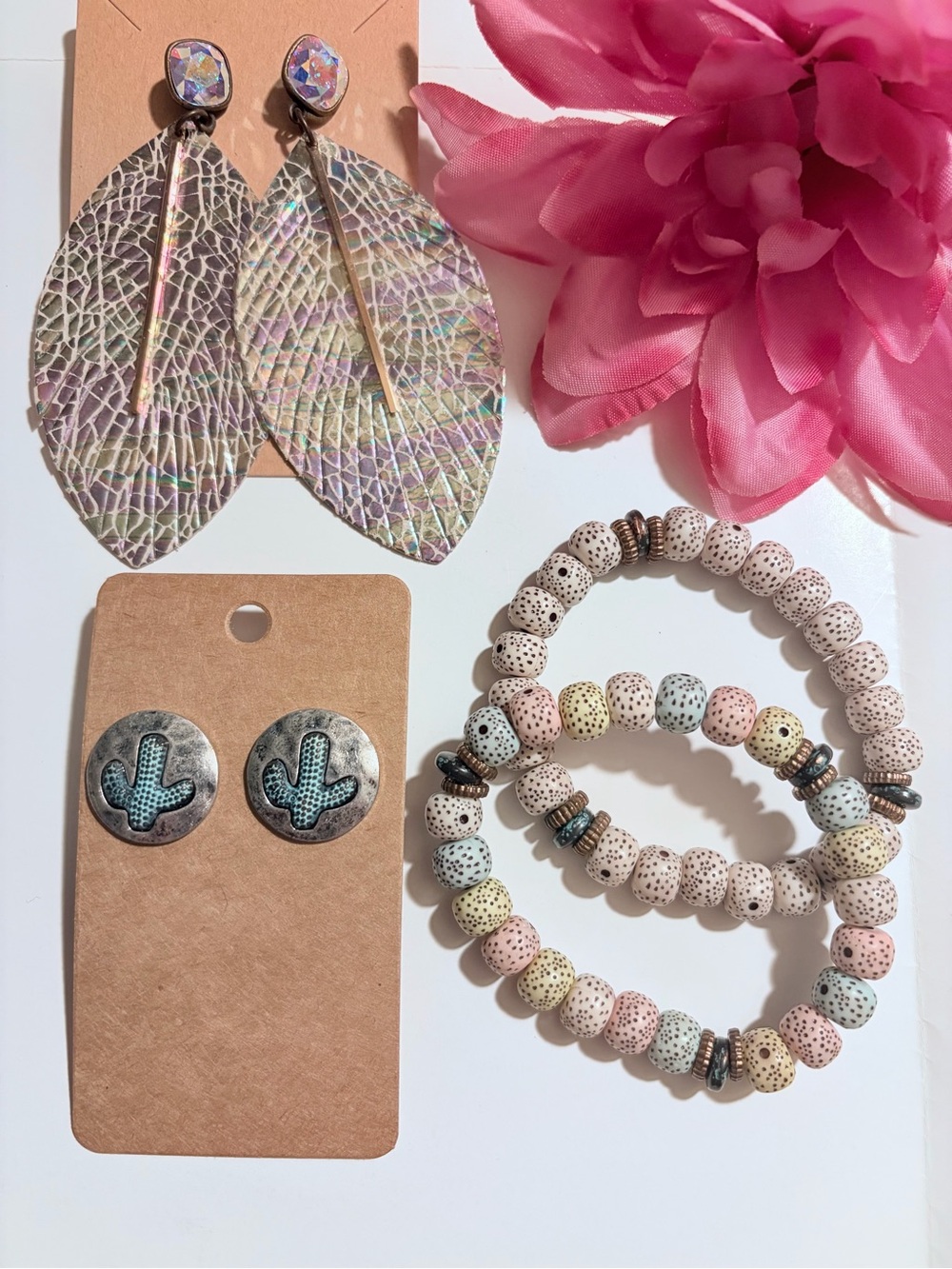 Iridescent Leaf Drop Earrings with Pastel Beaded Stretch Bracelets cactus stud